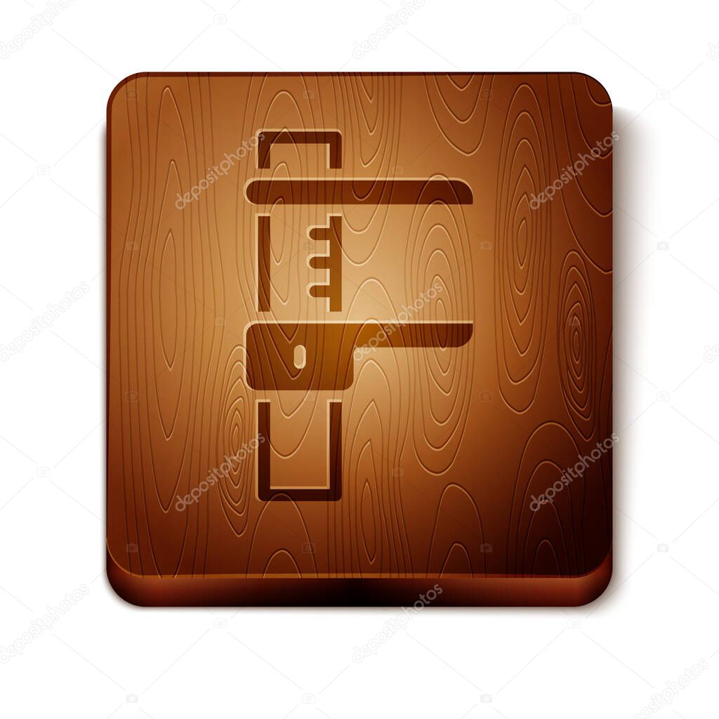 Brown Calliper or caliper and scale icon isolated on white background. Precision measuring tools. Wooden square button. Vector