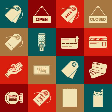 Kağıt alışveriş çantası ve yiyecek, Kredi kartı, yazıtlı etiket indirimi, POS terminali basılı fatura ödemeyi akıllı telefon, Blank etiket şablon fiyatı ve simgeyle doğruladı. Vektör