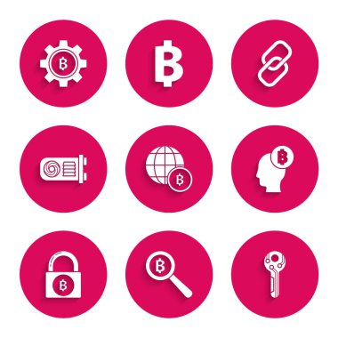 Küre ve kripto para Bitcoin, büyüteç, kripto para anahtarı, düşün, Lock bitcoin, Madencilik çiftliği, zincir halkası ve simgesi. Vektör