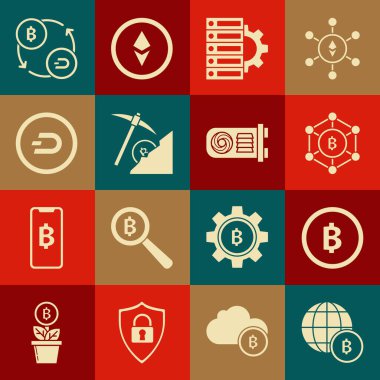 Küre ve kripto para birimi Bitcoin, Kripto para, Blockchain teknolojisi, Sunucu teçhizatı, bulut madenciliği, Dash, takas ve maden çiftliği ikonu. Vektör
