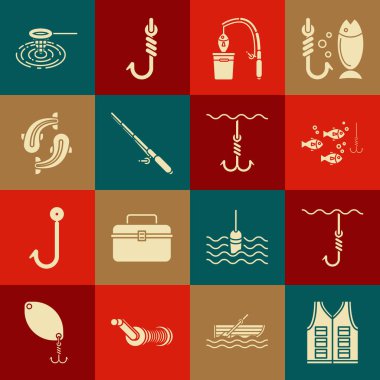Balıkçı ceketini hazırla, suyun altına kancayı tak, balık, olta ve ağ ve simgeyle. Vektör