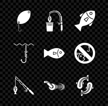 Balıkçı kaşığı, olta ve balık hazırla, balık tutmak için makarayı çevir, kancayı suya ve ikona tak. Vektör