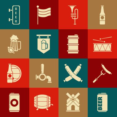 Bira kutusu, çatalda sosis, davul ve baget, trompet, bir bardak biralı sokak tabelası, cam hop, yazıt ve metal fıçı ikonu. Vektör