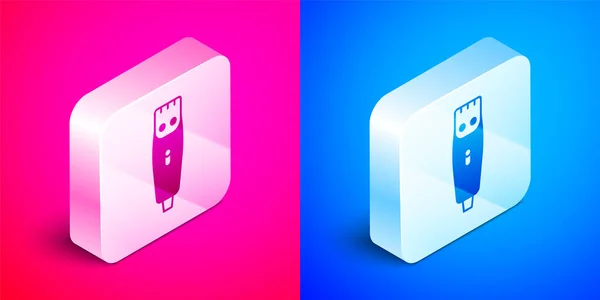 Isometric Electrical hair clipper or shaver icon isolated on pink and blue background. Barbershop symbol. Silver square button. Vector — Stock Vector