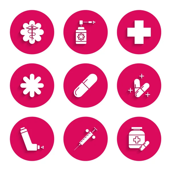 Set Medicine pill or tablet, Syringe, bottle and pills, Inhaler, Cross hospital medical, and Emergency star symbol Caduceus snake with stick icon. Vector — Stock Vector