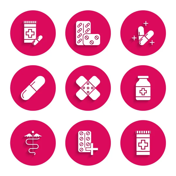 Set gekruiste pleister, pillen in blisterverpakking, medicijnfles, Caduceus slang medisch symbool, pil of tablet, en pillen pictogram. Vector — Stockvector