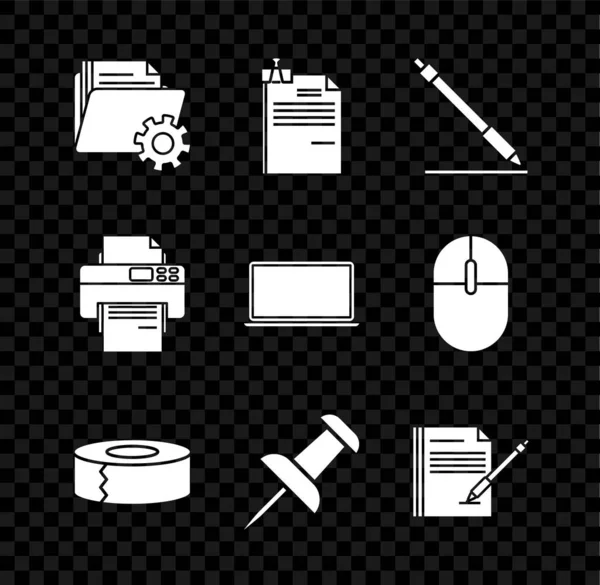 Set mapinstellingen met tandwielen, Bestand document en binder clip, Pen lijn, Scotch, Push pin, Blank notebook pen, Printer en Laptop icoon. Vector — Stockvector