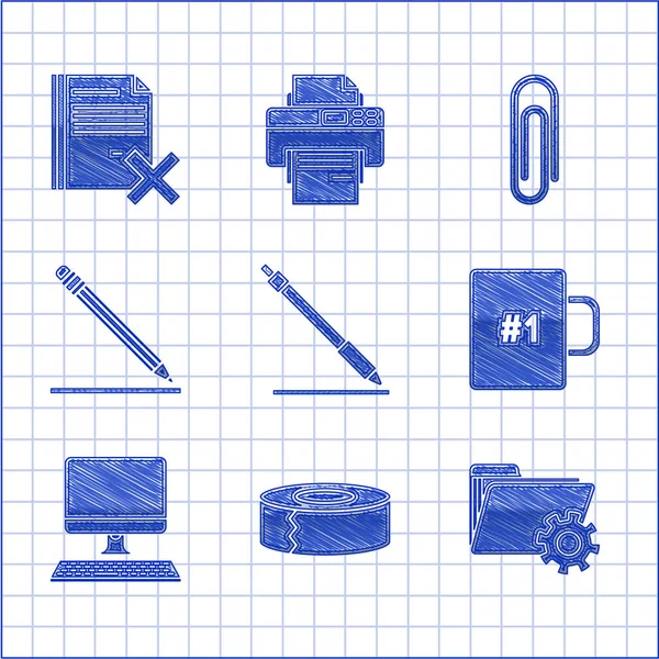 Set Pen lijn, Scotch, Folder instellingen met versnellingen, Koffiebeker, Computer monitor toetsenbord, Potlood gum en, Papieren clip en Verwijder bestand document pictogram. Vector — Stockvector