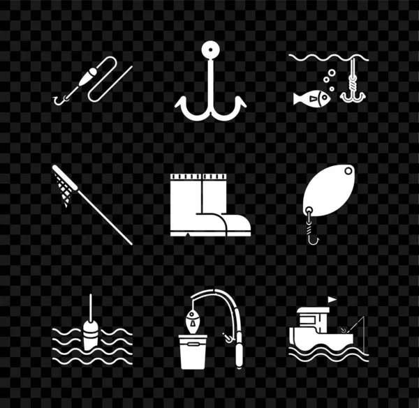 Set Angelschnur mit Haken und Schwimmer, unter Wasser Fische, Rute, Boot Angeln auf, Netz und Stiefel Symbol. Vektor — Stockvektor