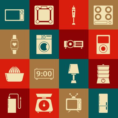 Buzdolabı, çift ısıtıcı, müzik çalar, blender, çamaşır makinesi kalp atış hızını gösteren akıllı saat, mikrodalga fırın ve ikon. Vektör