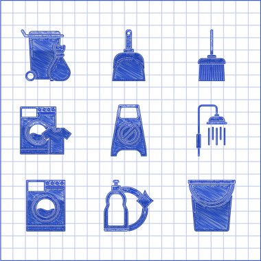 Yerleri ıslat ve temizlik devam ediyor, sıvı bulaşık deterjanı için plastik şişeler, kova, su damlası akan duş başlığı, çamaşır makinesi, tişört, süpürge ve çöp tenekesi ikonu. Vektör