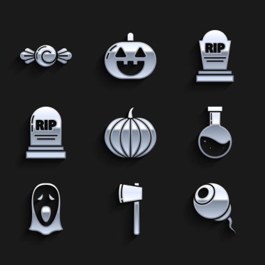 Balkabağı, tahta balta, göz, iksirli şişe, Cadılar Bayramı için komik ve korkunç hayalet maskesi, Tombstone RIP ve Candy ikonu. Vektör