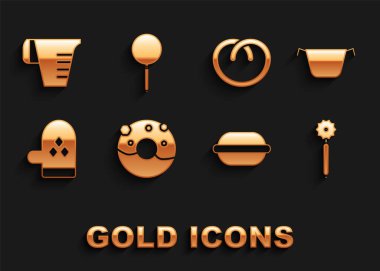 Tatlı jöleli donut, pişirme kabı, pizza bıçağı, makarna kurabiyesi, fırın eldiveni, kraker, ölçü kabı ve tava ikonu. Vektör