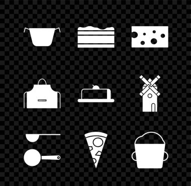 Pişirme kabı, çikolatalı kek, peynir, ölçü kaşığı, pizza dilimi, fırın kasesi hamuru, mutfak önlüğü ve çilekli pasta dilimi ikonu. Vektör