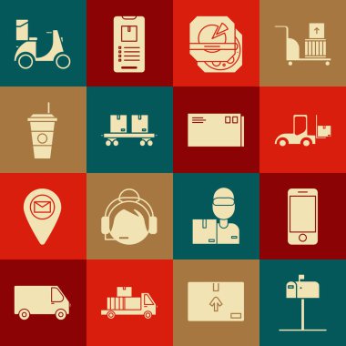 Açık posta kutusu, mobil telefon ve uygulama dağıtım takibi, forklift, pizza karton, tren yolu arabası, kahve fincanı, Scooter ve zarf simgesi. Vektör