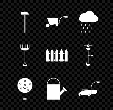 Çekiç, El Arabası, Yağmurlu Bulut, Ağaç, Su Kutusu, Çim biçme makinesi, bahçe tırmığı ve çit ahşap ikonu. Vektör