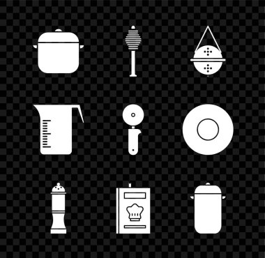 Tencere dibin kara seninki benden kara, top çay süzgeci, biber, yemek kitabı, ölçü kabı ve pizza bıçağı ikonu. Vektör