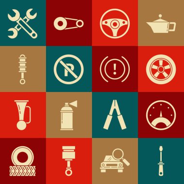 Tornavida, hız göstergesi, direksiyon, direksiyon, direksiyon, park yasağı, durdurma, şok emici, kırbaç ve fren sistemi uyarı simgesi. Vektör