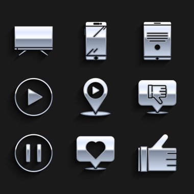 Dijital ortam oyununu konum ve kalp ile ayarla, El konuşma baloncuğundan hoşlanmaz, Duraklat düğmesi, Oyun çemberi, Tablet ve Akıllı TV simgesi. Vektör