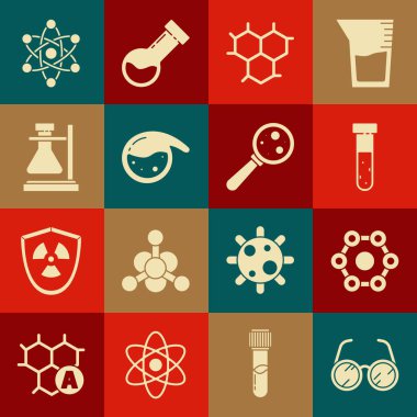 Laboratuvar gözlüklerini, kimyasal formülü, deney tüpünü ve matara kimyasalı, Atom ve Mikroorganizmaları büyüteç simgesi altında hazır edin. Vektör