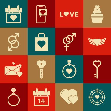 Dart 'ın tam ortasına nişan al, anahtar kalp şekli, kanatları, aşk metni, alışveriş torbası, erkek cinsiyet sembolü, takvim ve cinsiyet simgesi. Vektör