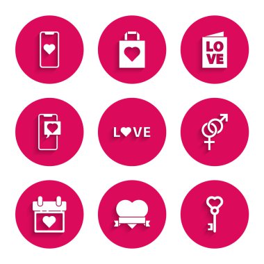 Set Love metin, Heart and ribbon, Key in heart form, Cinsiyet, Takvim, Akıllı Telefon konuşma balonu, Sevgililer Günü parti broşürü ve Mobil ikonu. Vektör