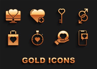 Merkezde kalp kronometresi, erkek cinsiyet sembolü kalp konuşma balonlu akıllı telefon, el, alışveriş torbası, anahtar şekli, bilgisayar monitörü ve ikon. Vektör