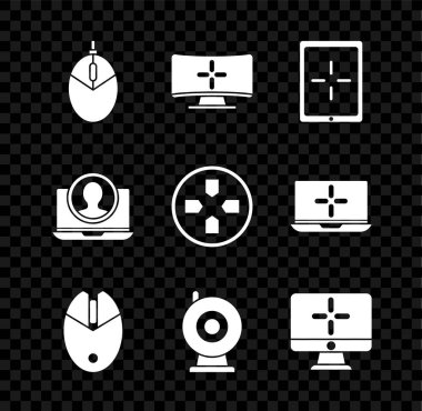 Bilgisayar oyunu, monitör, Tablet, Web kamerası, hesap ekranı ve Gamepad simgesi oluştur. Vektör