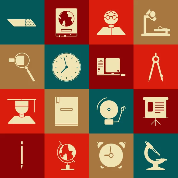 Set Microscopio, horario, gráfico, diagrama, infografía, gráfico circular, brújula de dibujo, estudiante, reloj, lupa, borrador o goma y teclado monitor de computadora y ratón icono. Vector — Archivo Imágenes Vectoriales