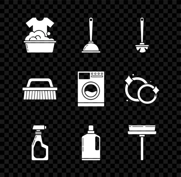 Комплект пластиковой раковины с мылом, туалетный вантуз, щетка, моющее средство для бутылок для мытья посуды жидкость, бутылки для мытья посуды, Squeegee, скребок, стеклоочиститель, щетка очистки и иконка стиральной машины. Вектор — стоковый вектор