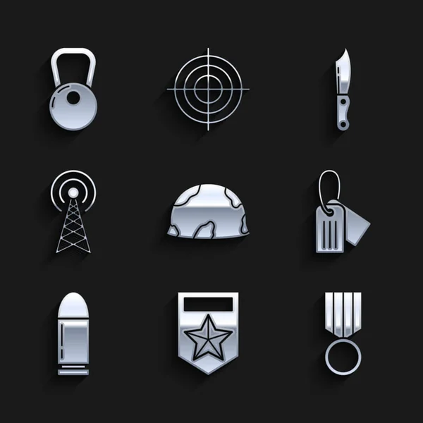 Conjunto de casco militar, Chevron, medalla de recompensa, etiqueta de perro, bala, radar, cuchillo y Kettlebell icono. Vector — Archivo Imágenes Vectoriales