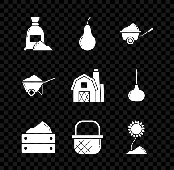 Σετ τσάντα από αλεύρι, Αχλάδι, Wheelbarrow με χώμα, Ξύλινο κουτί συγκομιδή, καλάθι αγορών, Ηλιοτρόπιο, και Farm House εικονίδιο έννοια. Διάνυσμα — Διανυσματικό Αρχείο