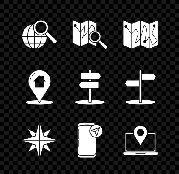 Set Lupa s glóbem, Skládaná značka lokality, Větrná růžice, Infographic of city navigation, Laptop, Map pointer house a Road traffic sign icon. Vektor — Stockový vektor