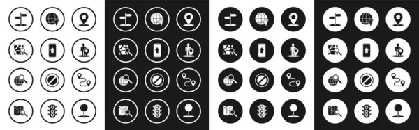 Set Kartenzeiger mit Haus, Infografik der Stadtplan-Navigation, gefaltete Ortsmarkierung, Verkehrszeichen, Silhouette Person, Standort der Weltkugel, Route und Lupe Symbol. Vektor — Stockvektor