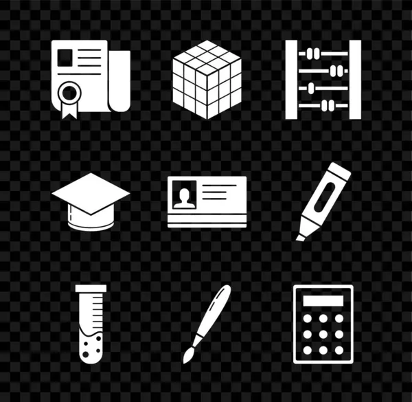 Set Plantilla de certificado, cubo de Rubik, Abacus, laboratorio químico de probeta y matraz, pincel de pintura, calculadora, tapa de graduación e icono de identificación. Vector — Vector de stock