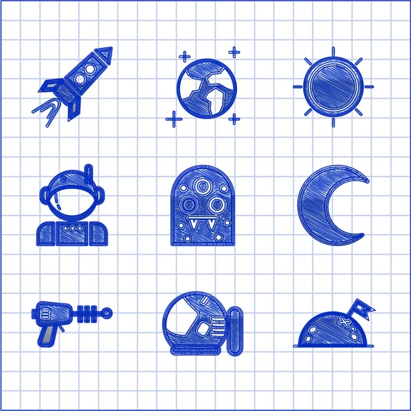 Alien, Astronaut helmet, Planet with flag, Moon and stars, Ray gun, Sun 그리고 Rocket ship fire icon. Vector — 스톡 벡터