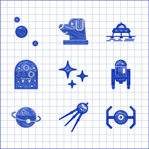 Падающая звезда, космический корабль, робот, планета, инопланетянин, марсоход и значок Солнечной системы. Вектор — стоковый вектор