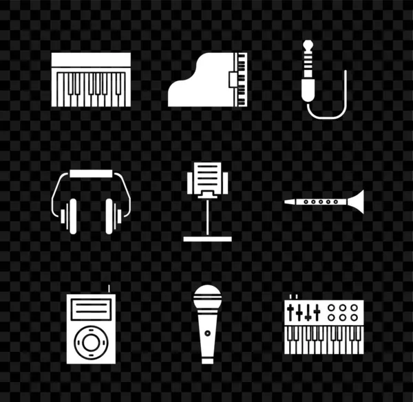 Set Music synthesizer, Grand piano, Audio jack, MP3 player, Microphone, Headphones and stand icon. Vector — Stock Vector