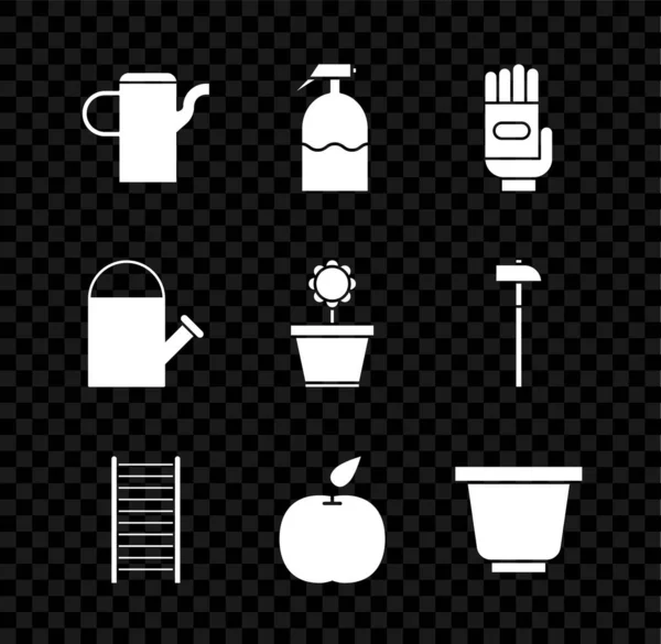 Set de regadera, rociador de jardín, guantes, escalera de madera, manzana, maceta e icono. Vector — Archivo Imágenes Vectoriales