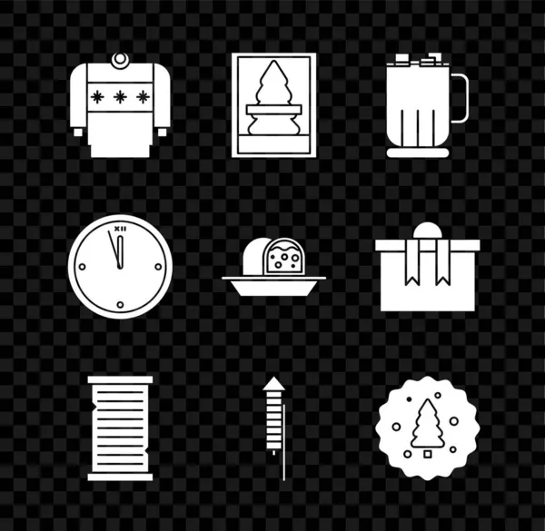 Set Christmas sweater, postcard, Hot chocolate cup with marshmallows, wish list template, Firework rocket, Cookie biscuit, Clock and Marzipan sponge cake icon. Vector Vector Graphics