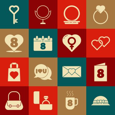 Zarif kadın şapkası, 8 Mart 'lı tebrik kartı, İki Bağlı Kalpler, Makyaj tozu aynası, Takvim, Kalp Şekli ve Kadın Cinsiyet Simgesi. Vektör