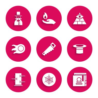 Set Hand testere, örümcek ağı, Eskiler 'in sihirli kitabı, sihirbaz şapkası, numaralar için bagaj, ateş topu, masonlar ve ikon. Vektör