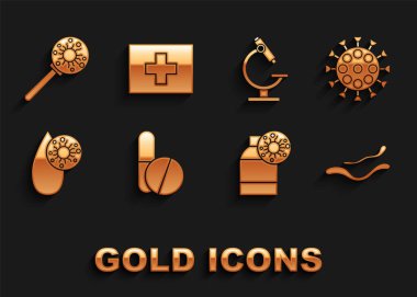 İlaç hapı ya da tablet, virüs, Ebola virüsü, şişe, kan testi ve mikroskobu büyüteç ve ilk yardım çantası ikonu altında ayarla. Vektör