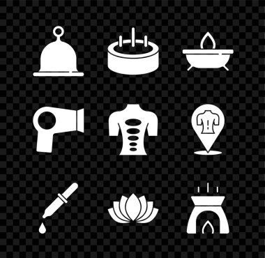 Sauna şapkası, merdivenli yüzme havuzu, Aroma mumu, Pipette, Lotus çiçeği, saç kurutma makinesi ve masaj taşı ikonu. Vektör