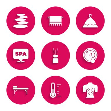 Aroma dağıtıcı, Sauna termometresi, masaj masası, spa salonu, şapka ve Stack sıcak taş ikonu. Vektör