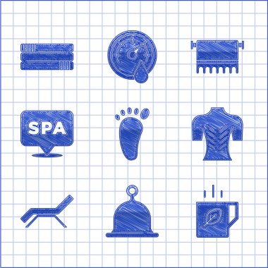 Ayak masajı, sauna şapkası, çay ve yaprak, masaj, güneş yatağı şemsiyesi, kaplıca salonu, havlu askısı ve yığın ikonu. Vektör
