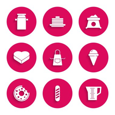 Mutfak önlüğü, Fransız ekmeği, ölçü kabı, dondurma külahı, Donut, kalp şeklinde şeker kutusu, süt ikonu için un ve kap. Vektör