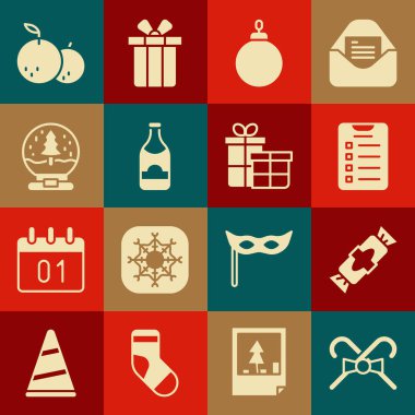 Noel şekeri bastonu, şeker, yeni yıl hedefleri listesi, top, şampanya şişesi, kar küresi, mandalina ve hediye kutusu ikonu. Vektör
