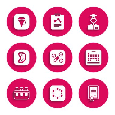 İlaç hapı veya tablet, benzen halkaları formülü, sertifika şablonu, periyodik, tüp ve matara, bakteri, laboratuvar asistanı ve huni filtre simgesi hazırlayın. Vektör