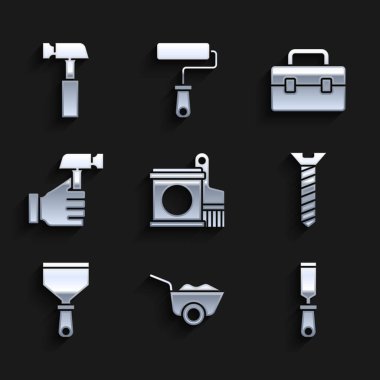 Boya kovası ve fırça, el arabası, Rasp metal dosyası, metal vida, macun bıçağı, çekiç, alet kutusu ve ikon. Vektör